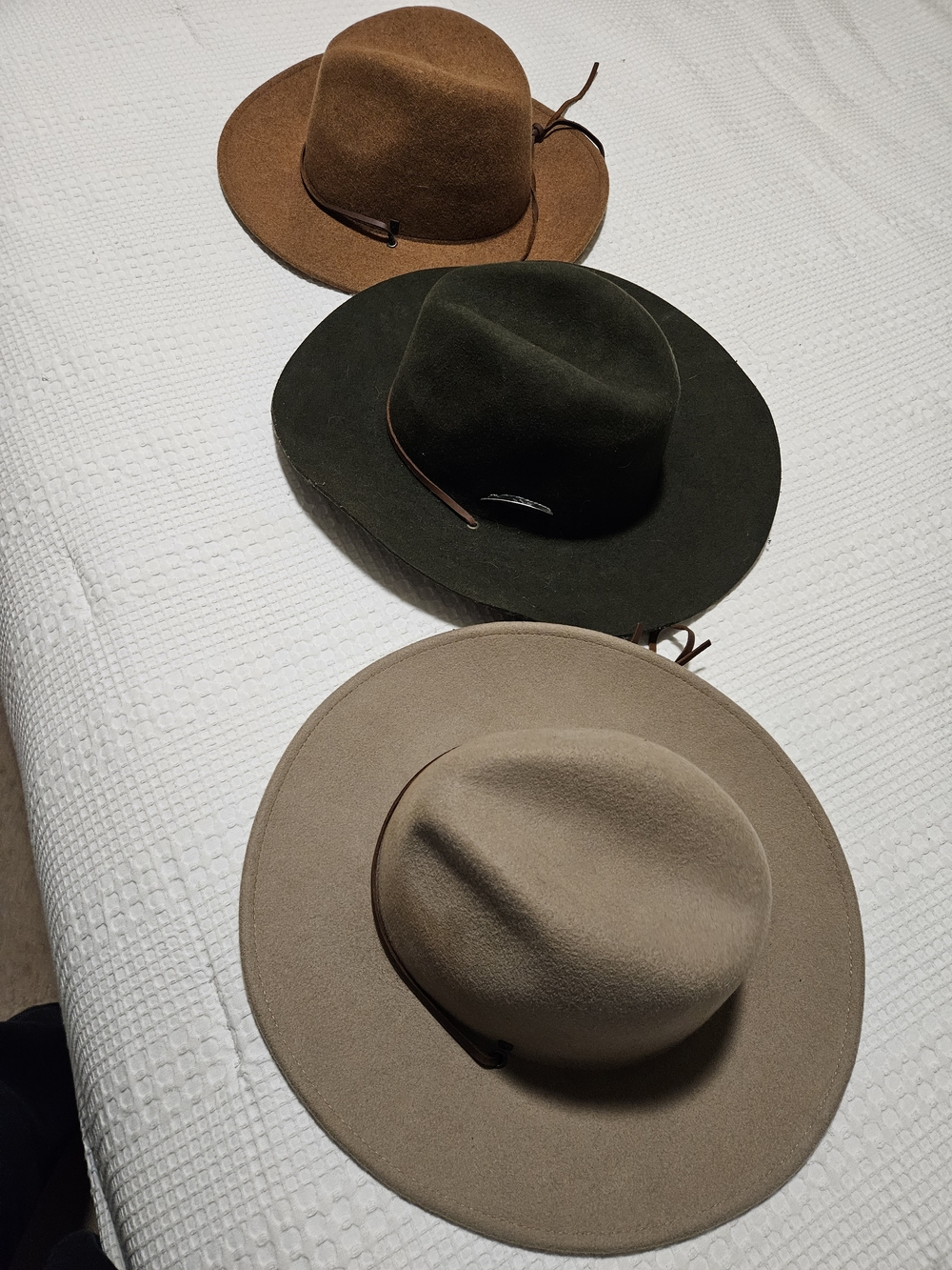 Lot Of Three Brixton Wool Ranch Hats in Beige, Olive, Tan, with Brown Chin Strap